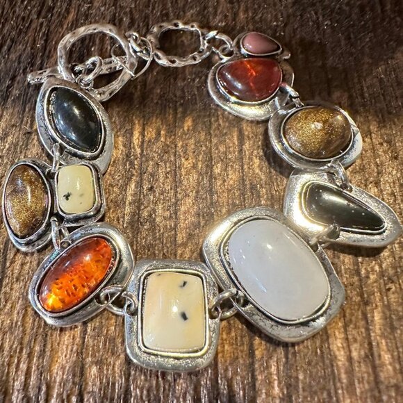 Natural Stone Boho Western Silver Link Toggle Statement Bracelet NEW - Picture 1 of 5